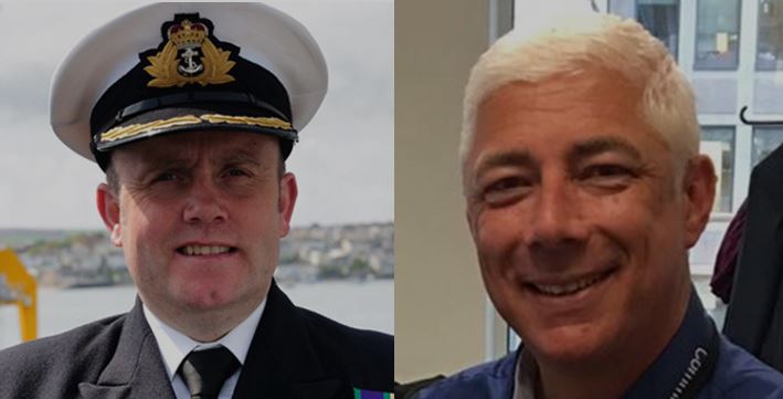 Split image featuring two individuals. On the left, a naval officer in a formal uniform with a peaked cap and insignia, standing outdoors with a coastal backdrop. On the right, a smiling man with short white hair, dressed casually in a blue shirt with a lanyard, sitting indoors with a modern office setting in the background.