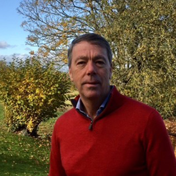 A man outdoors wearing a red sweater over a collared shirt, standing in front of autumn foliage, with trees and a grassy field in the background.