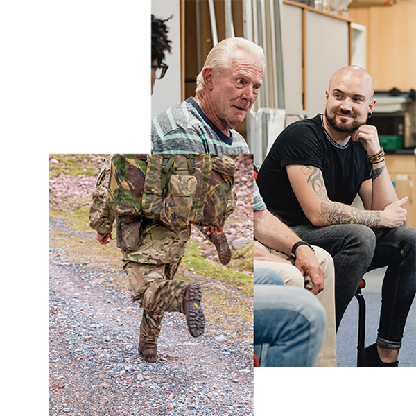 A composite image featuring a close-up of a person in military camouflage uniform walking on a rocky path in the bottom-left corner and a group of people in conversation indoors, including an older man in a striped shirt and a younger man with tattoos, on the right.