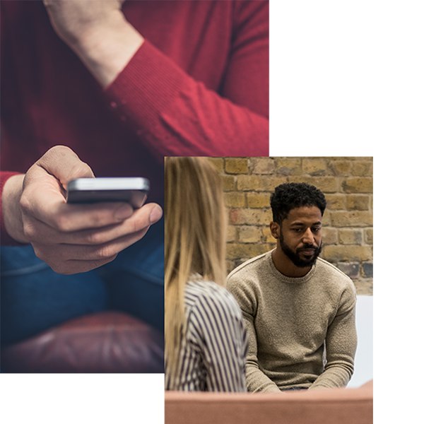 A composite image showing a close-up of a person in a red sweater holding a smartphone in the top-left corner, and a man in a beige sweater sitting in conversation with a woman in the bottom-right corner against a brick wall background.