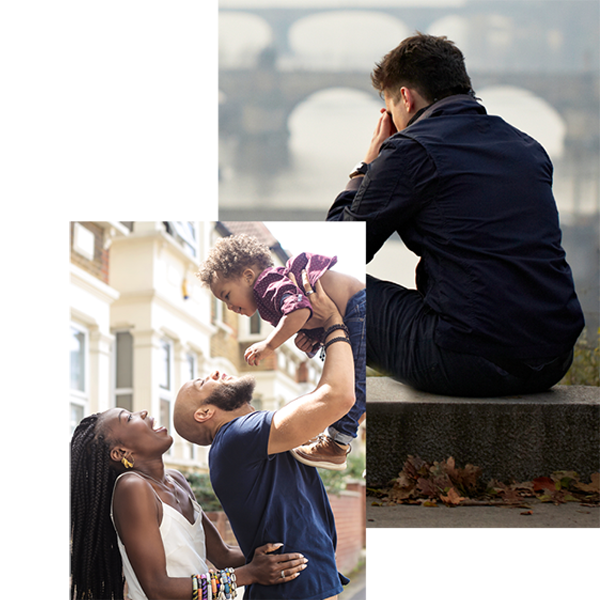 A composite image featuring a man sitting alone on a step with his head in his hands, overlooking a blurred bridge in the background in the top-right corner. In the bottom-left corner, a joyful scene of a couple playing with their child outdoors, with the man lifting the child into the air and the woman smiling.