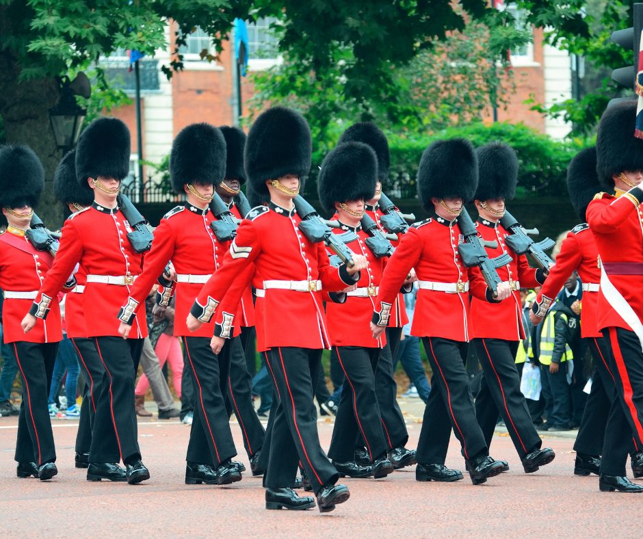 British Guards soldiers marching in ceremonial uniform during Armed Forces Week 2026 celebrations, honouring service personnel and veterans ahead of Armed Forces Day 2026.