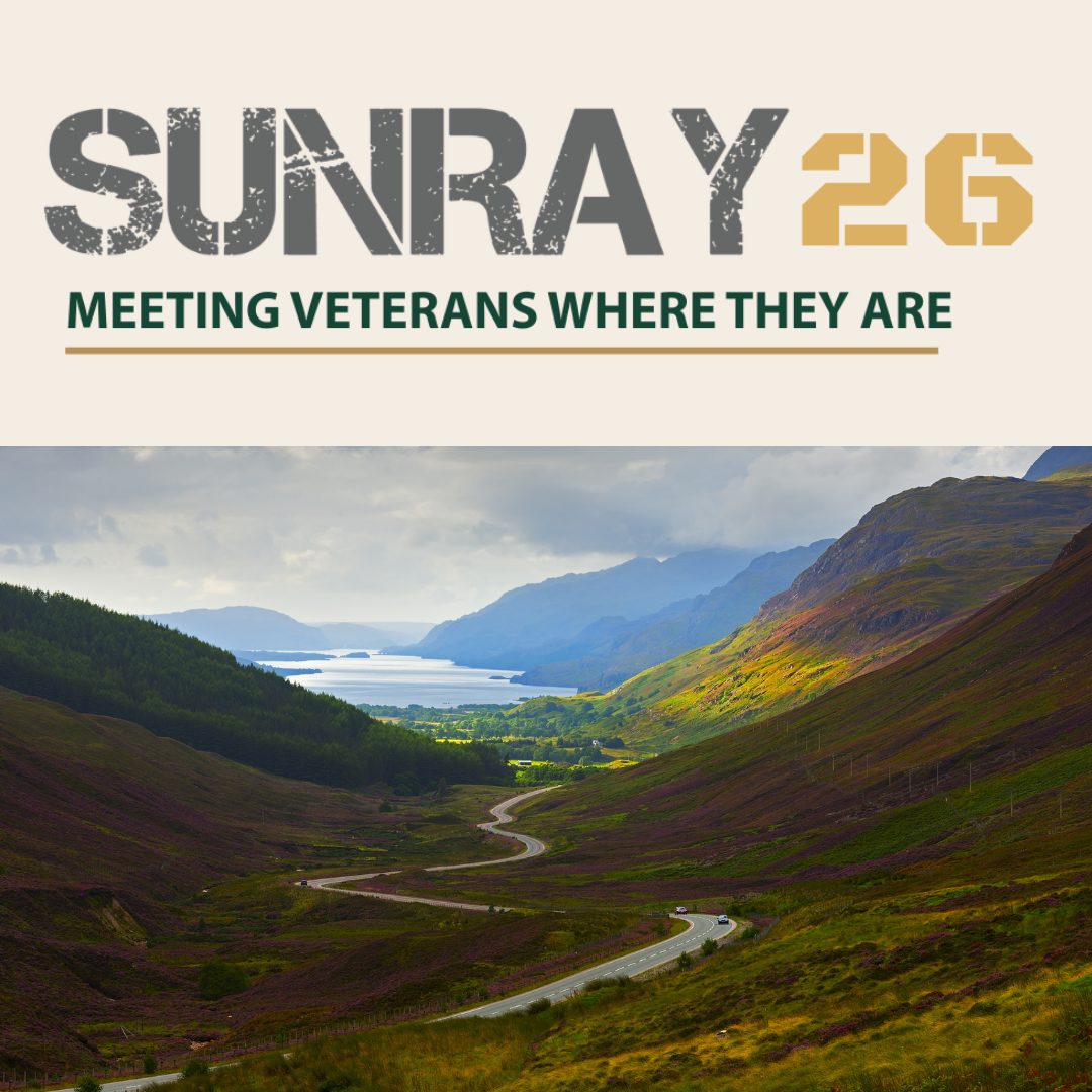 Sunray 26 logo with the tagline "Meeting Veterans Where They Are" above an image of a winding road through a rural valley
