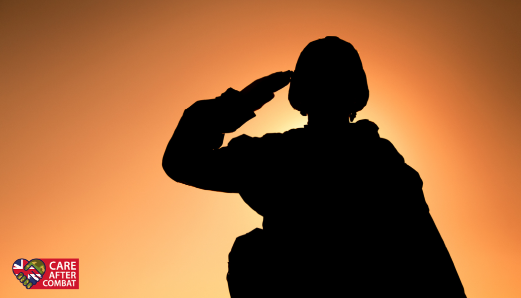 Silhouette of a service person saluting against an orange sunset, representing support during the transition from military to civilian life.